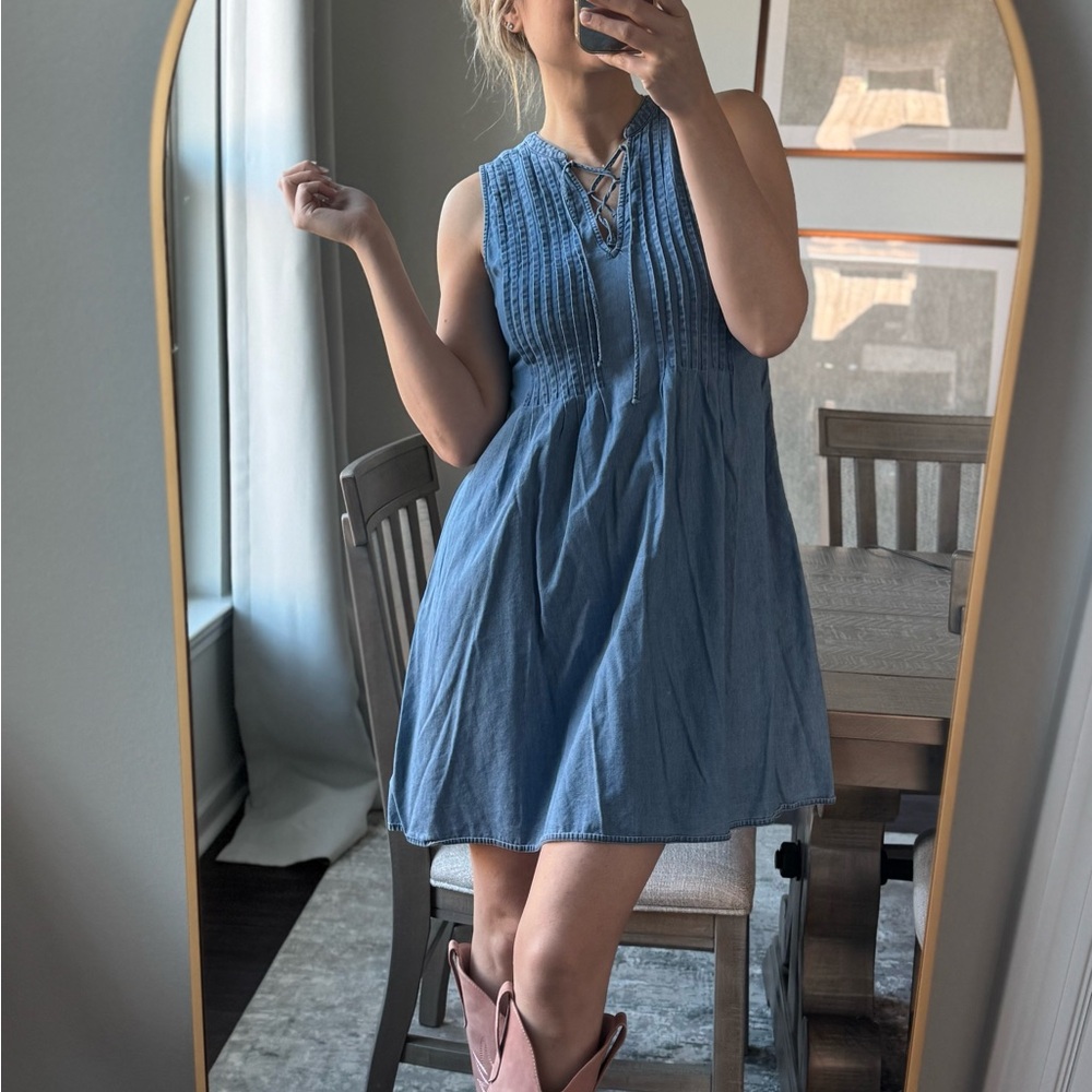 Precious Pleated Blue Jean Chambray Sleeveless Denim Dress - Picture 2 of 15